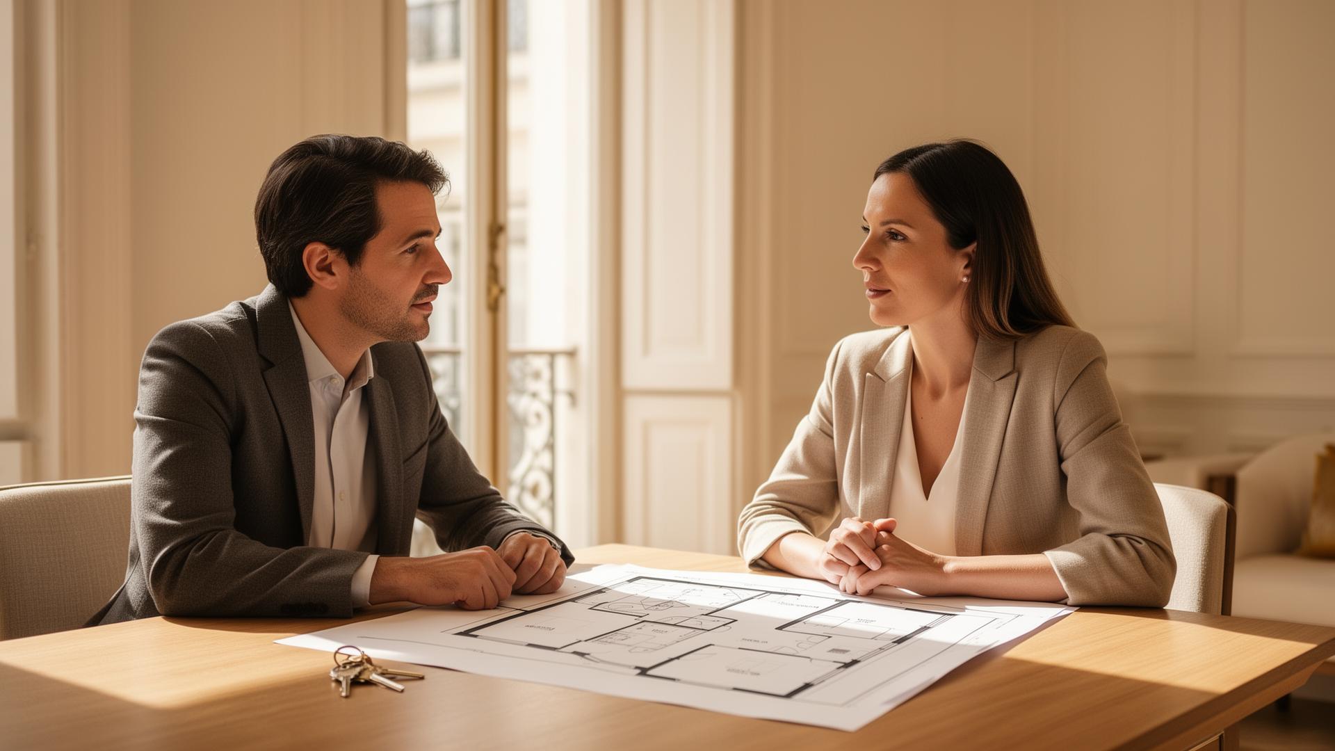 Consultora da Essencial Homes em conversa próxima com um cliente, sobre uma planta de um apartamento